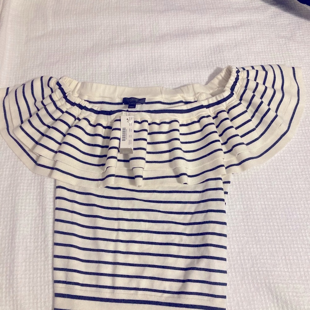 J. Crew Selena Navy Striped Off The Shoulder Ruffled Sweater Top Size Small NWT